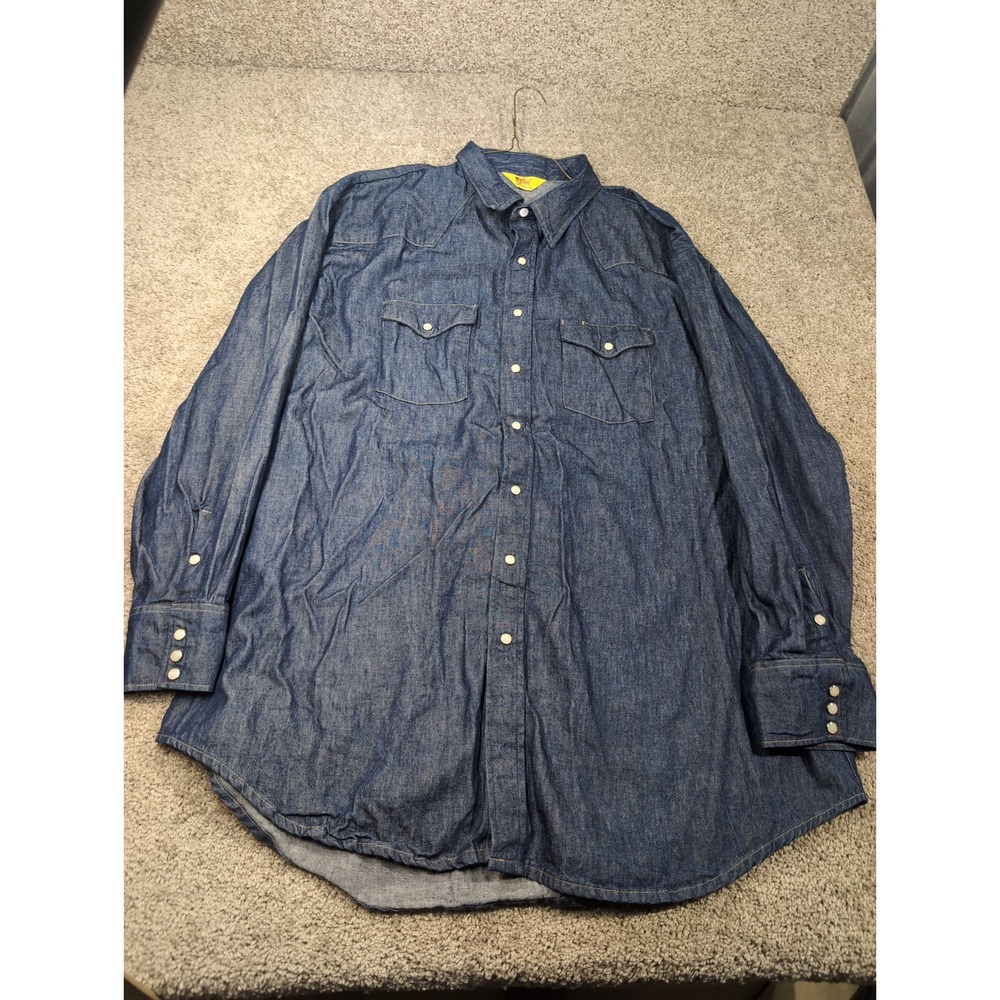Workn Sport Mens Blue Denim Western Snap Front Shirt Made in USA XL Long Sleeve